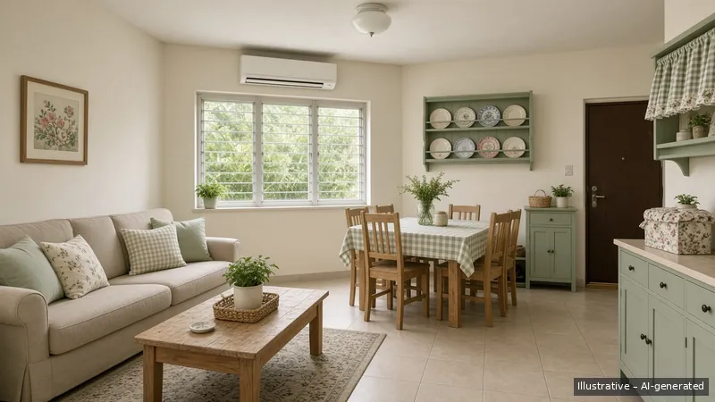 Living and dining — English Cottage, HDB 4-room (illustrative)