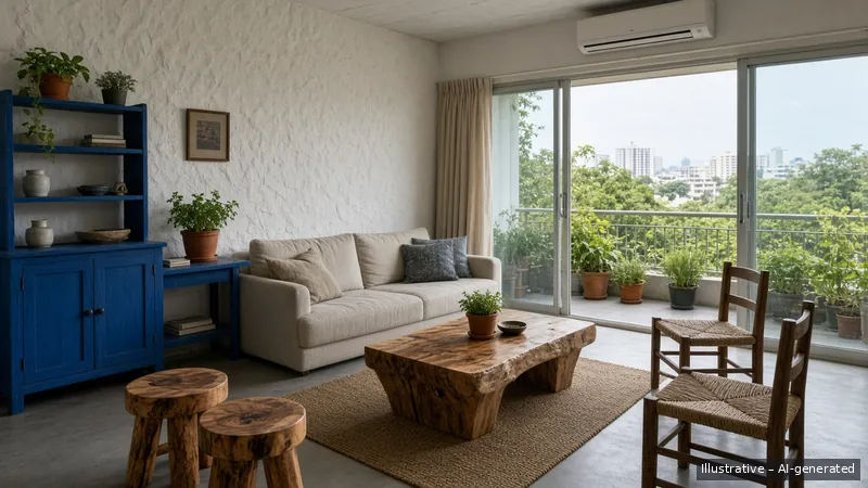 Living and balcony — Greek Island Blue, Condo (illustrative)