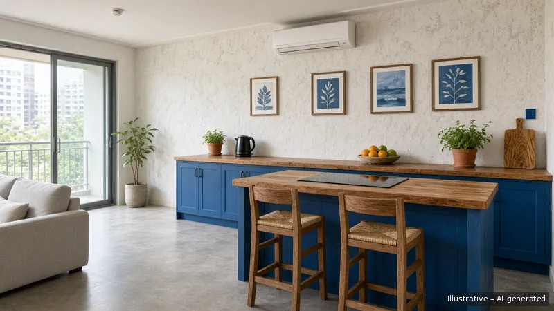 Kitchen island — Greek Island Blue, Condo (illustrative)