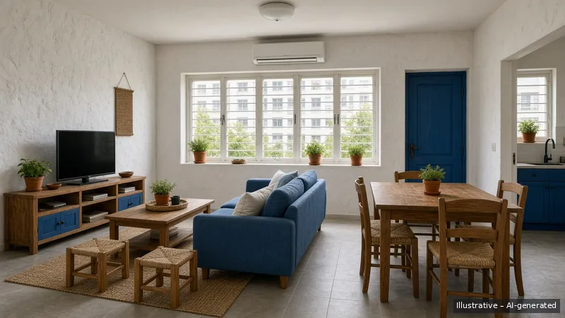 Living and dining — Greek Island Blue, HDB 3-room (illustrative)