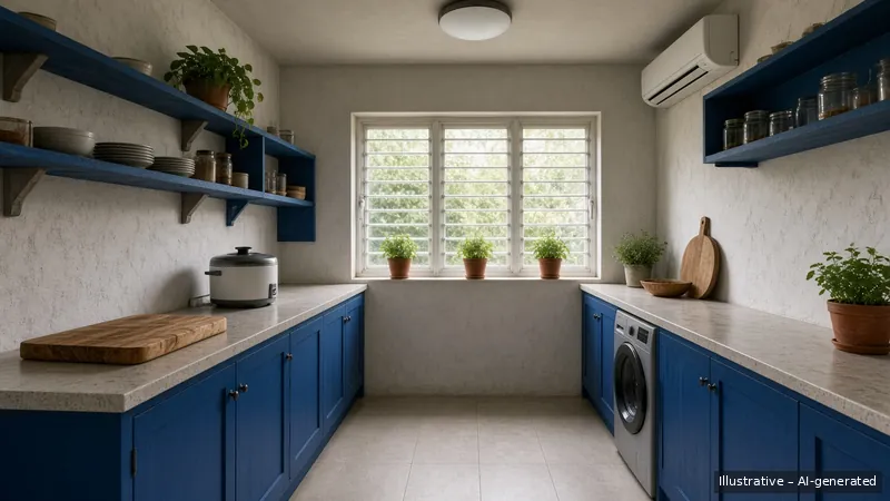 Galley kitchen — Greek Island Blue (illustrative)
