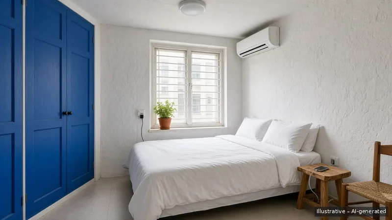 Bedroom — Greek Island Blue, HDB 3-room (illustrative)