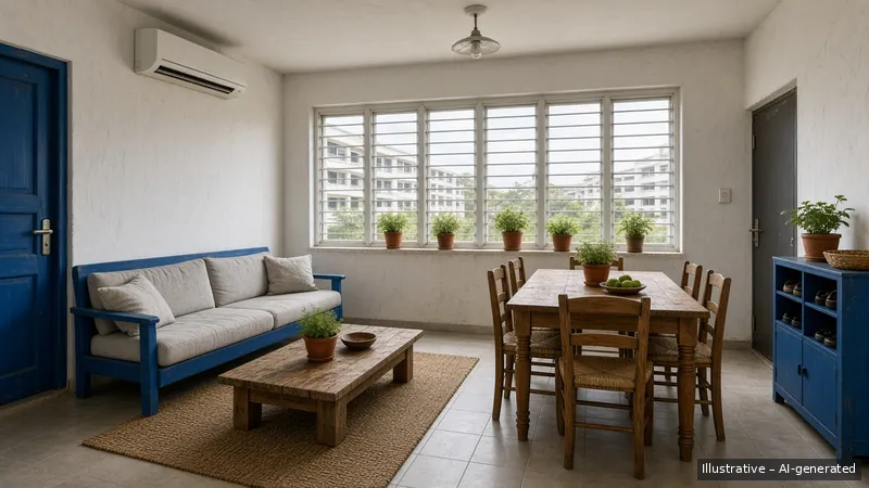 Living and dining — Greek Island Blue, HDB 4-room (illustrative)