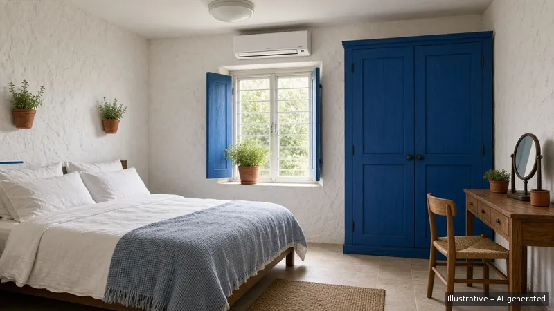 Master bedroom — Greek Island Blue, HDB 4-room (illustrative)