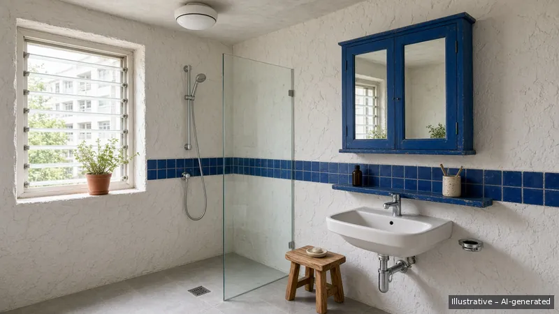 Bathroom — Greek Island Blue, HDB 4-room (illustrative)