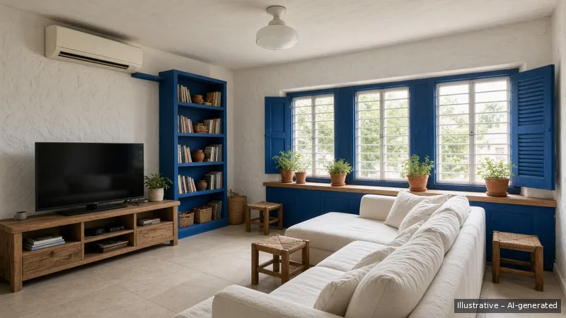 Living — Greek Island Blue, HDB 5-room (illustrative)