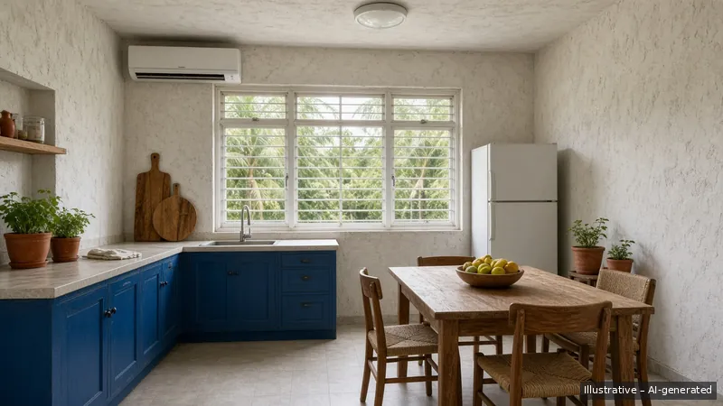 Kitchen and dining — Greek Island Blue, HDB 5-room (illustrative)