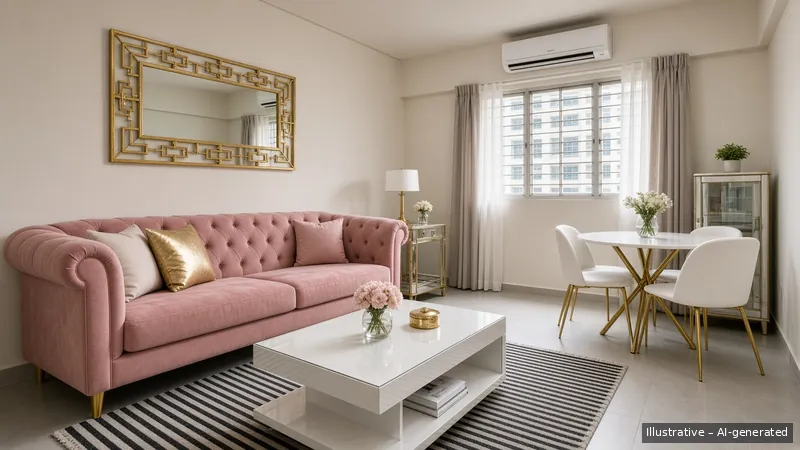 Living and dining — Hollywood Regency, HDB 3-room (illustrative)
