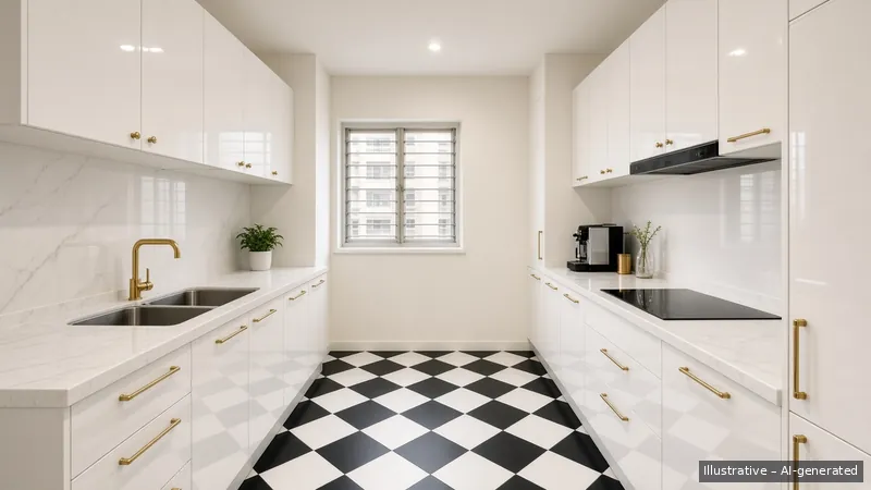Galley kitchen — Hollywood Regency, HDB 3-room (illustrative)
