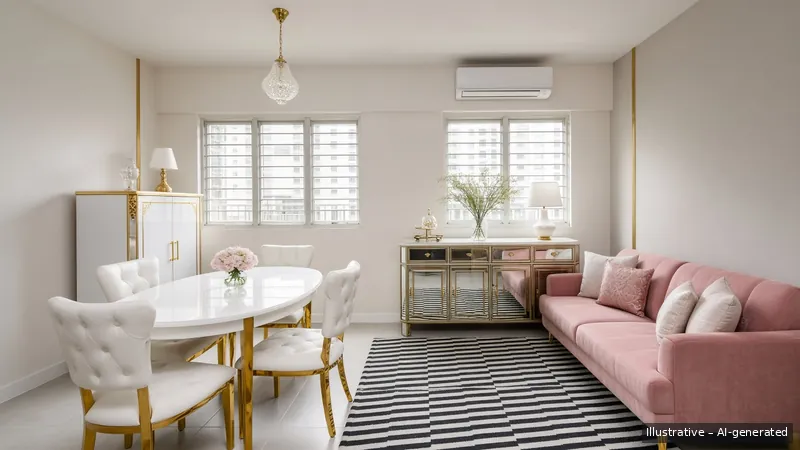 Living and dining — Hollywood Regency, HDB 4-room (illustrative)