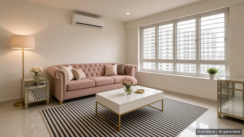 Living — Hollywood Regency, HDB 5-room (illustrative)