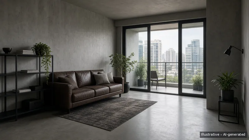 Living and balcony — Industrial Concrete, Condo (illustrative)