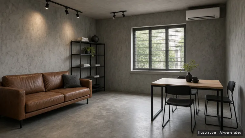 Living and dining — Industrial Concrete, HDB 3-room (illustrative)