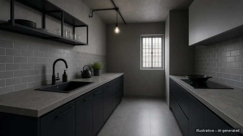 Galley kitchen — Industrial Concrete, HDB 3-room (illustrative)