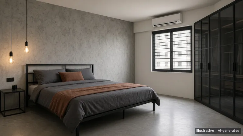 Master bedroom — Industrial Concrete, HDB 4-room (illustrative)