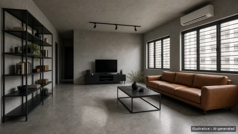 Living — Industrial Concrete, HDB 5-room (illustrative)