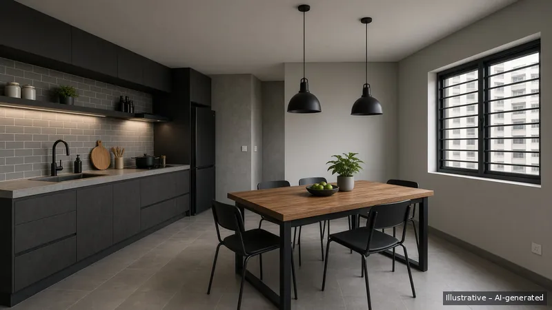 Kitchen and dining — Industrial Concrete, HDB 5-room (illustrative)