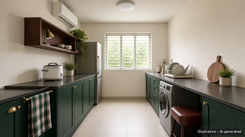 Galley kitchen — Ivy Preppy, HDB 3-room (illustrative)