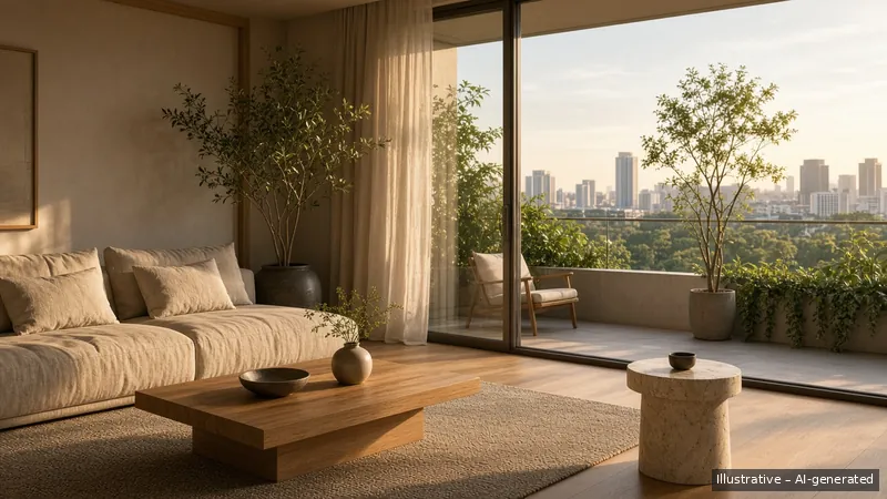 Living and balcony — Japandi Warm, Condo (illustrative)