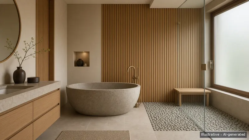Master bath — Japandi Warm, Condo (illustrative)