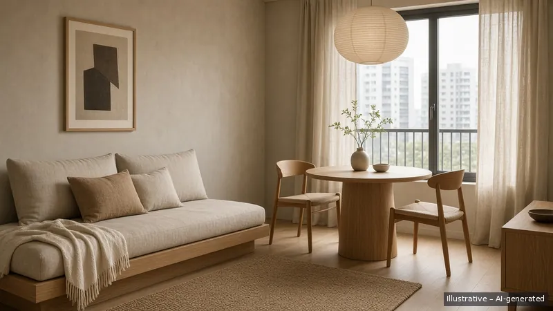 Living and dining — Japandi Warm, HDB 3-room (illustrative)
