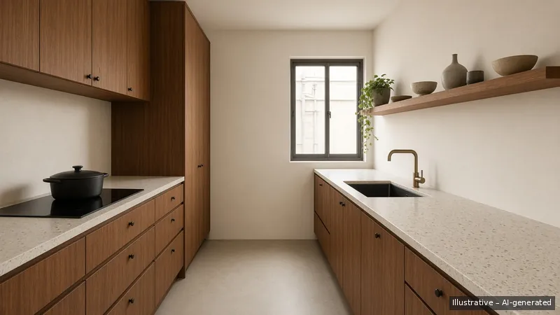 Galley kitchen — Japandi Warm, HDB 3-room (illustrative)