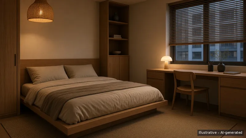 Bedroom and study — Japandi Warm, HDB 3-room (illustrative)