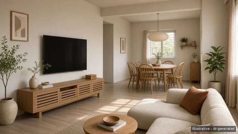 Living and dining — Japandi Warm, HDB 4-room (illustrative)