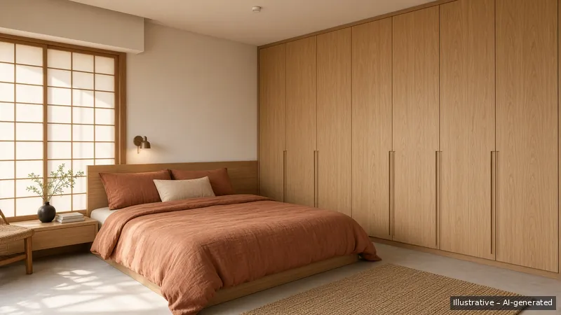 Master bedroom — Japandi Warm, HDB 4-room (illustrative)