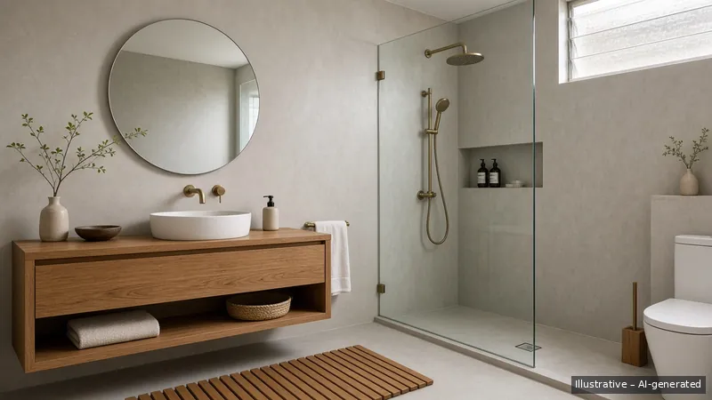 Bathroom — Japandi Warm, HDB 4-room (illustrative)