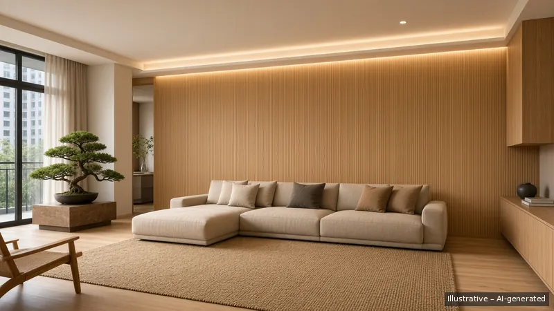 Living — Japandi Warm, HDB 5-room (illustrative)