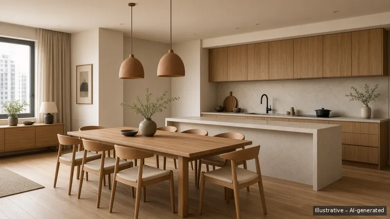 Kitchen and dining — Japandi Warm, HDB 5-room (illustrative)