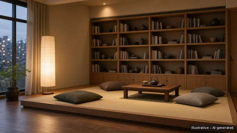 Family room — Japandi Warm, HDB 5-room (illustrative)
