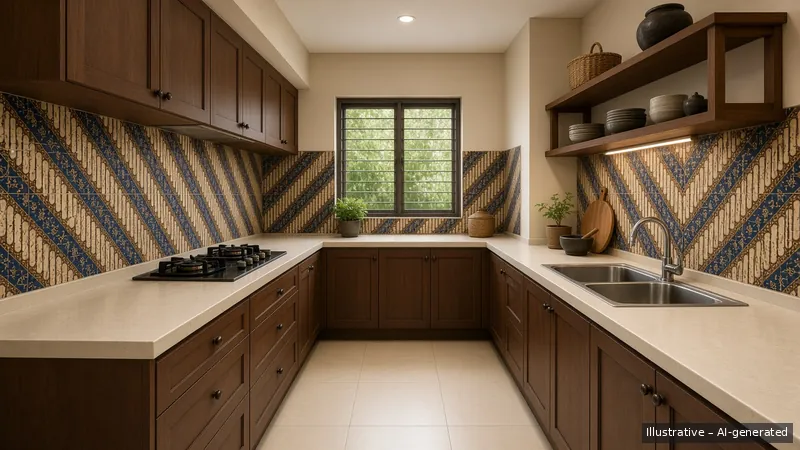 Galley kitchen — Javanese Batik, HDB 3-room (illustrative)