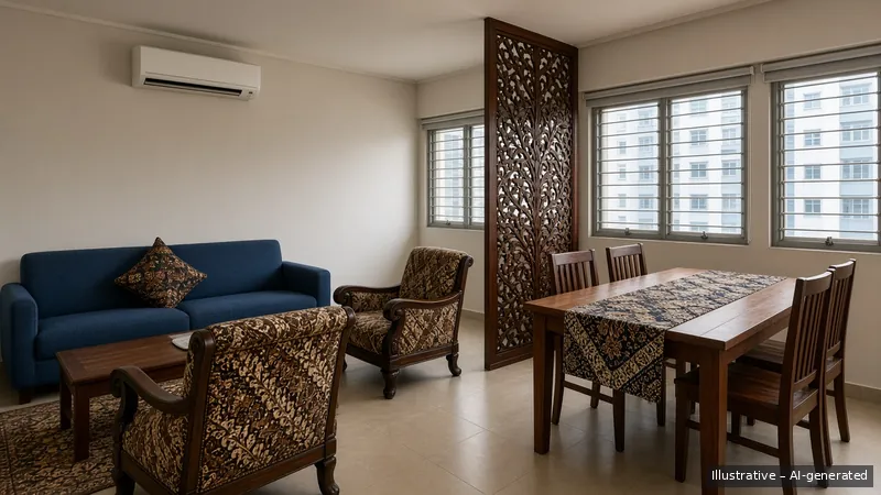 Living and dining — Javanese Batik, HDB 4-room (illustrative)