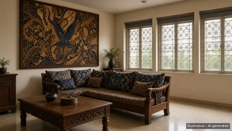 Living — Javanese Batik, HDB 5-room (illustrative)