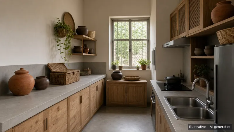Galley kitchen — Kampong Modern, HDB 3-room (illustrative)