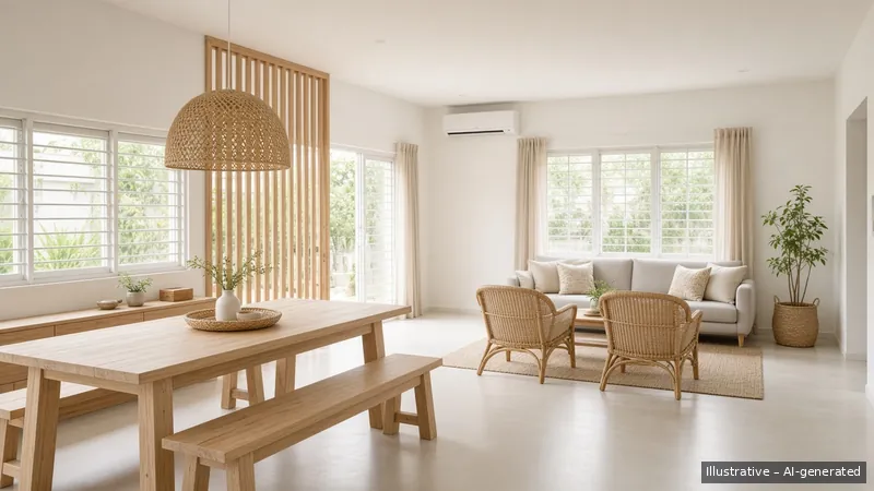 Living and dining — Kampong Modern, HDB 4-room (illustrative)