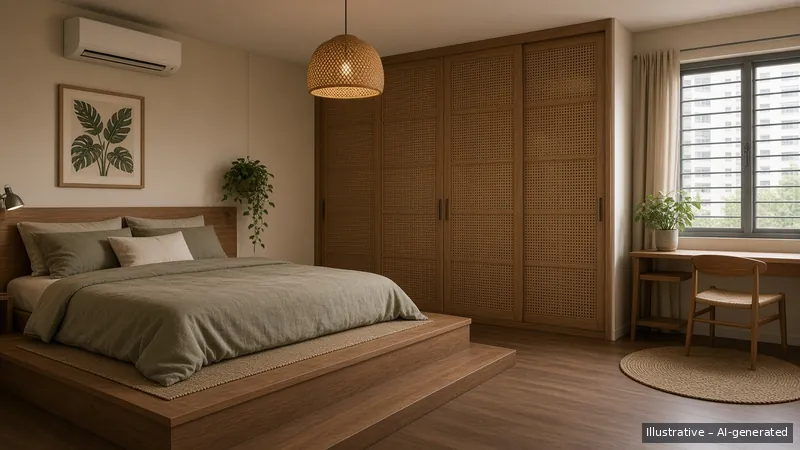 Master bedroom — Kampong Modern, HDB 4-room (illustrative)