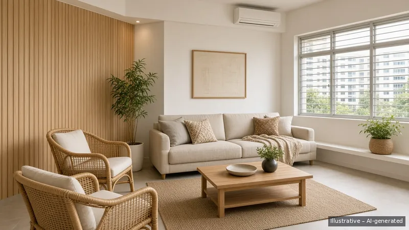 Living — Kampong Modern, HDB 5-room (illustrative)