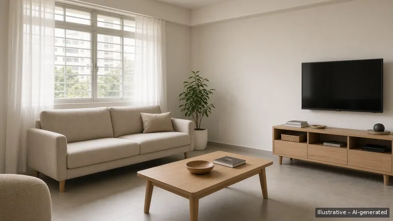 Living room — Kayu Calm, HDB 3-room (illustrative)