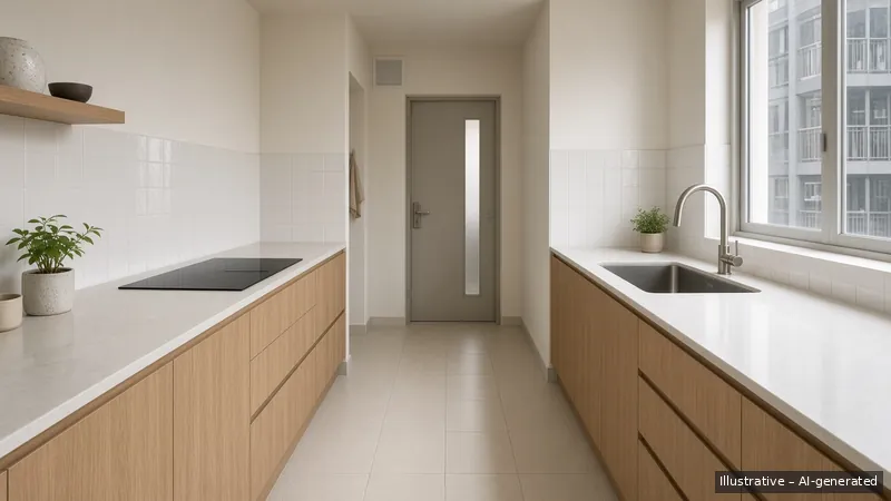 Kitchen — Kayu Calm, HDB 3-room (illustrative)
