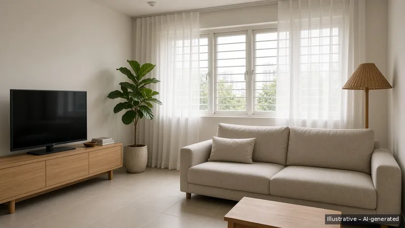 Living room — Kayu Calm, HDB 4-room (illustrative)