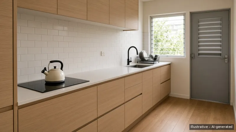 Kitchen — Kayu Calm, HDB 4-room (illustrative)
