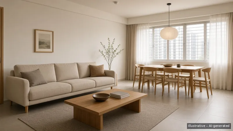 Living and dining — Kayu Calm, HDB 5-room (illustrative)