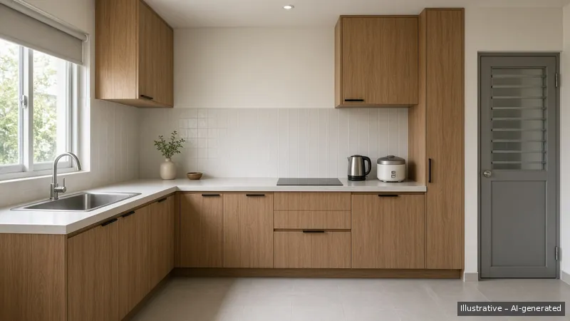 Kitchen — Kayu Calm, HDB 5-room (illustrative)