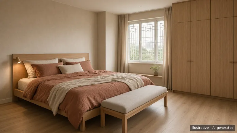 Master bedroom — Kayu Calm, HDB 5-room (illustrative)