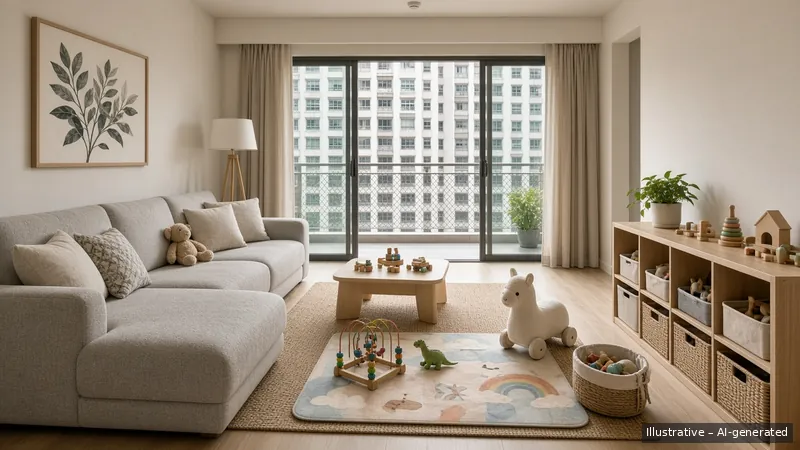Living and balcony — Kids-Friendly Family, Condo (illustrative)