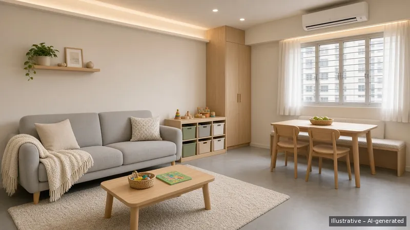Living and dining — Kids-Friendly Family, HDB 3-room (illustrative)
