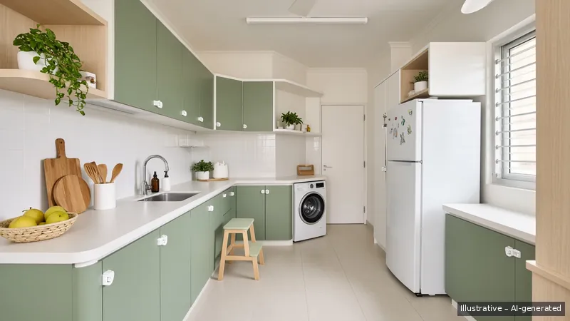 Galley kitchen — Kids-Friendly Family, HDB 3-room (illustrative)